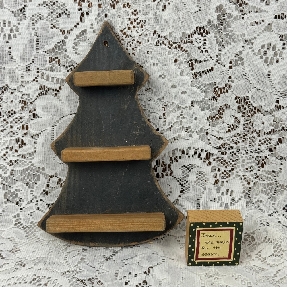 Rustic Wooden Christmas Tree Wall Shelf with Jesus Reason for the Season Block